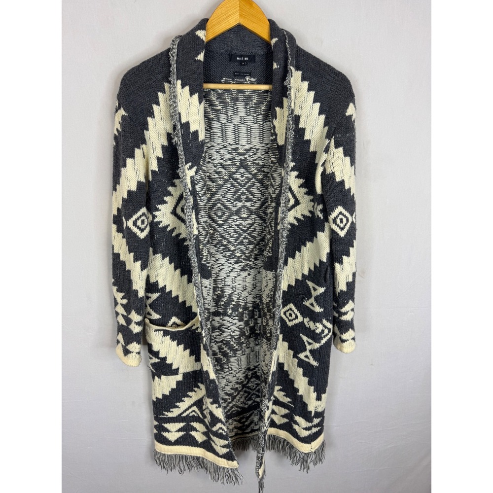 Miss Me SMSW1023L Gray Cream Southwestern Fringe Long Cardigan Sweater M